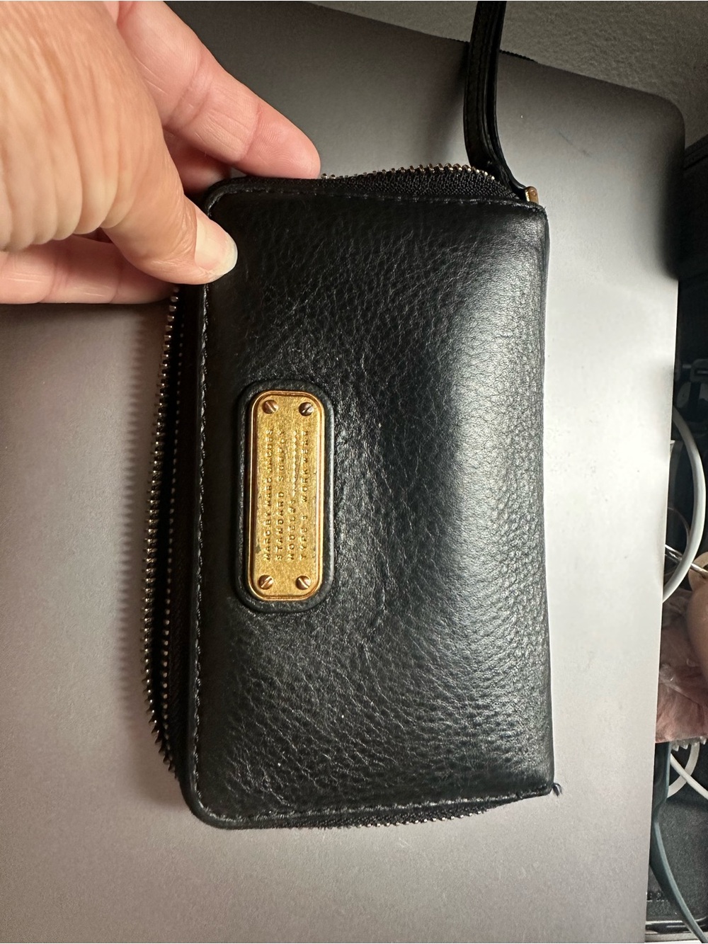 Marc Jacobs Black Leather Wristlet with Gold Zip Pull